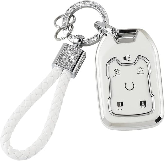 PIFOOG Key Cover for Chevy TPU Soft Car Keys Shell Protector with Glittering Car Keychain Accessories for Suburban Tahoe GMC Yukon Key Fob Girly Women Men White