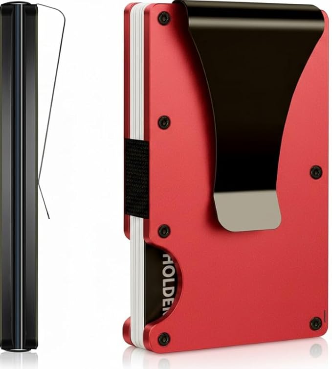 Leatherboss Wallet for Men RFID Blocking Minimalist Metal Card Holder with Money Clip Holds Credit Cards and Cash (Ruby Red)