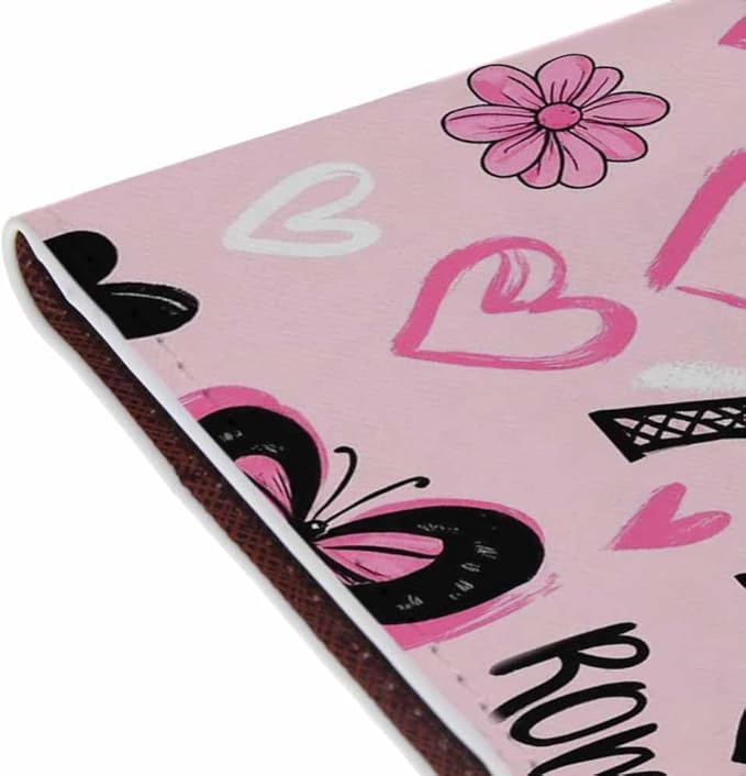 Eiffel Tower Passport Holder for Travel Butterflies Pink Romantic Love PU Leather Passport Cover Wallet Cute Passport Card Holder for Women and Men