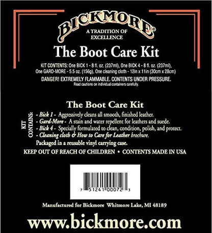 Leather Boot Care Kit - Bick 1 Cleaner, Bick 4 Conditioner, Gard-More Water Repellent Spray & Cloth - Made in USA - Shoe Care Set for Cowboy Boots, Work Boots, Furniture, Bags, Purses, Jackets, & Tack