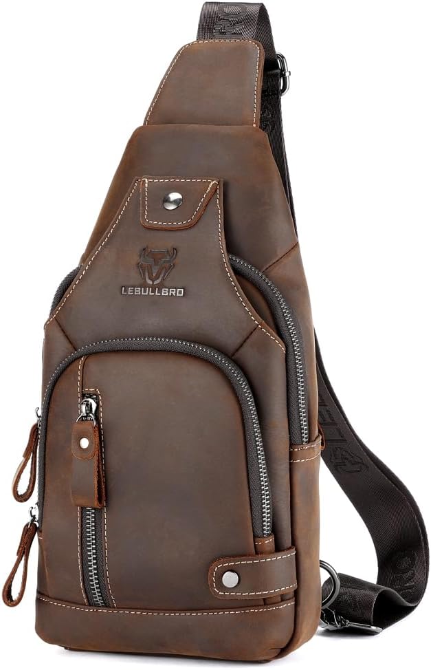 Sling Bag for Men Genuine Leather Chest Bag Crossbody Backpack Travel Hiking Outdoor Sports