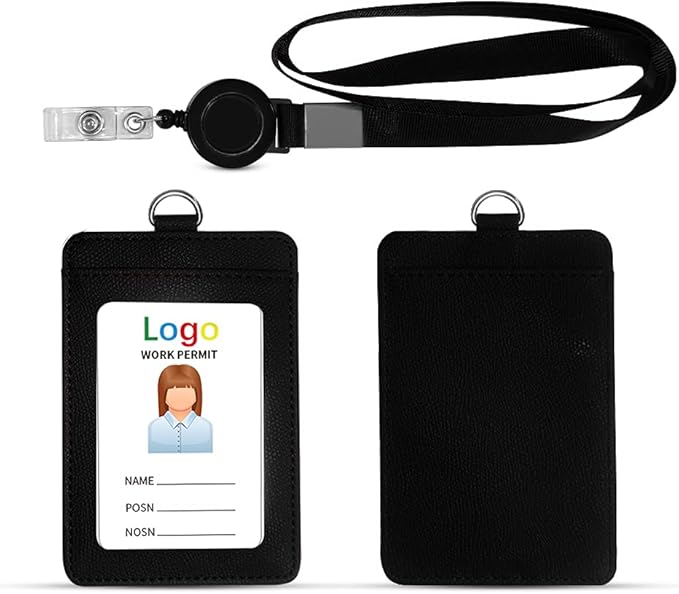 HYCOPROT ID Badge Holder with Lanyard Heavy Duty Retractable PU Leather Vertical Horizontal ID Card Holders with 1 Clear ID Window & 1 Credit Card Slot for Office School (Vertical, Black)