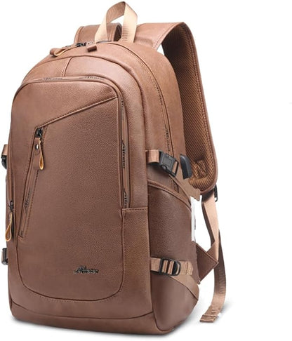 DYJ Vegan Leather Laptop Backpack for Women&Men, PU Vintage Travel Daypacks with USB Charging Port 17 Inch Laptop