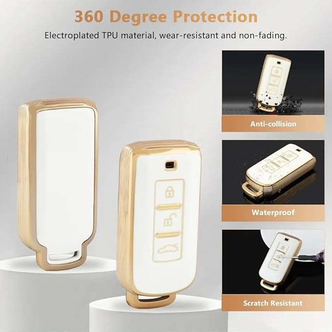 PIFOOG Key Fob Cover for Mitsubishi Accessories Outlander Lancer Mirage Car Keys Shell Case Protector Full Covers Bling Keychain Girly Women White Gold Soft TPU