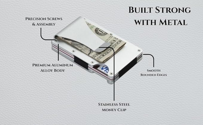 Leatherboss Wallet for Men RFID Blocking Minimalist Metal Card Holder with Money Clip Holds Credit Cards and Cash (Silver)