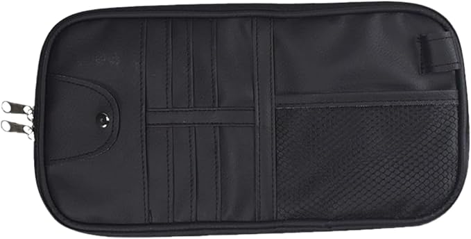 ZIMISI Car Visor Organizer, Double Zipper Sunglass Holder with Elastic Bands, PU Leather Car Storage Holder, Multi-Pocket Storage Pouch, Sun Visor Organizer for Most Cars (Black)