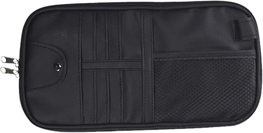ZIMISI Car Visor Organizer, Double Zipper Sunglass Holder with Elastic Bands, PU Leather Car Storage Holder, Multi-Pocket Storage Pouch, Sun Visor Organizer for Most Cars (Black)