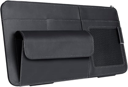 Car Visor Organizer, Multi-Pocket Sunvisor Storage with Sunglass Holder, Document Holder and Visor Card Clip, Fit for AUTO SUV & Truck, Leather Car Accessories Interior (Black)