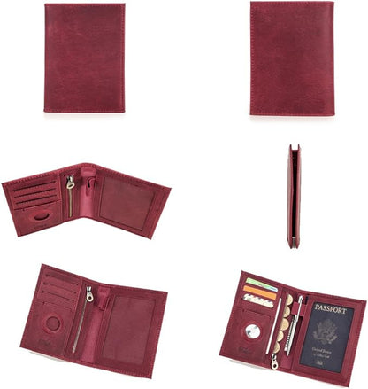 CONTACTS Full Grain Leather Passport Holder RFID Blocking Travel Passport Wallet Compatible with Airtag Passport Cover Case with 4 Cards Slots, Coin Pocket (Wine Red)