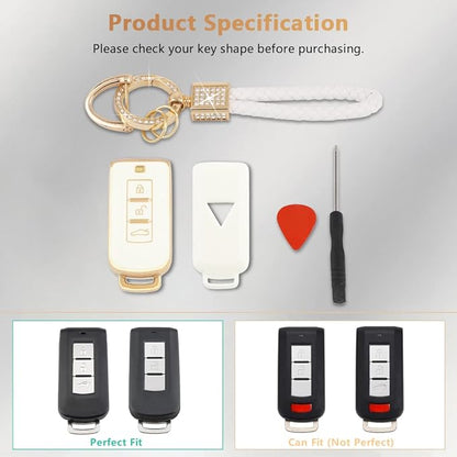 PIFOOG Key Fob Cover for Mitsubishi Accessories Outlander Lancer Mirage Car Keys Shell Case Protector Full Covers Bling Keychain Girly Women White Gold Soft TPU