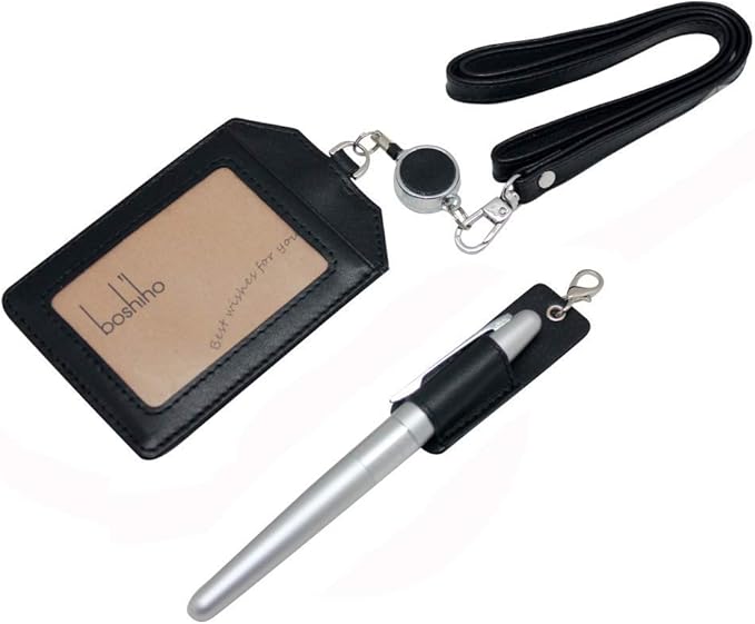 Office Badge Holder - Boshiho Genuine Leather Credit ID Card Holder with Stretch Neck Lanyard Vertical Style (Black)