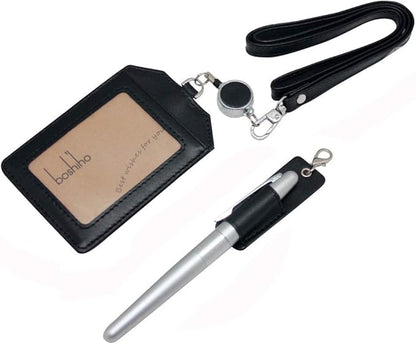 Office Badge Holder - Boshiho Genuine Leather Credit ID Card Holder with Stretch Neck Lanyard Vertical Style (Black)