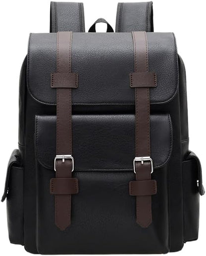 Retro men's business plaid backpack can hold a 15.6-inch laptop, women's stylish travel waterproof leather backpack. (black-15.7inch)
