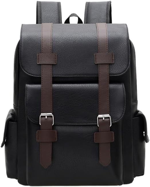 Retro men's business plaid backpack can hold a 15.6-inch laptop, women's stylish travel waterproof leather backpack. (black-15.7inch)
