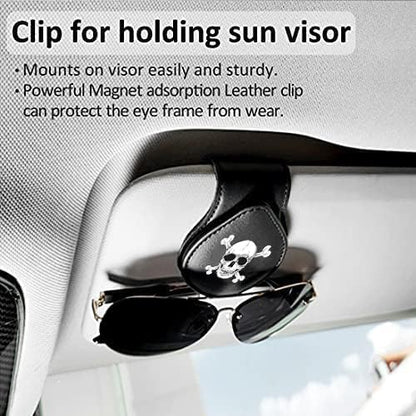 Sunglass Holder for Car Visor, for Anime Skull Skeleton Magnet Sunglasses Holder for car, Cartoon Leather Car Sunglass Holder, Visor Sunglass Holder with Glasses Cards