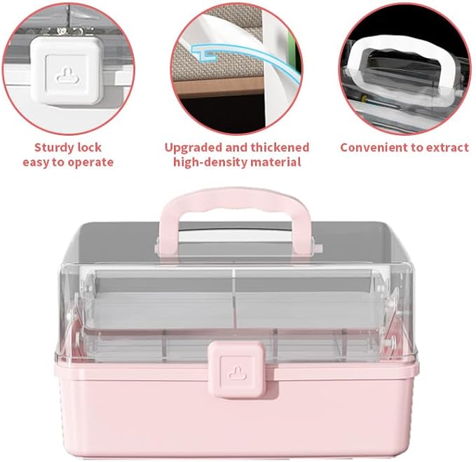 12.9in Three-Layer Multipurpose Storage Box with Handle Portable Tackle Box Folding Art & Craft Case Sewing Supplies Organizer for Makeup, Medicine, Nail, Hair Accessories (Pink)