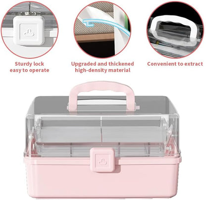 12.9in Three-Layer Multipurpose Storage Box with Handle Portable Tackle Box Folding Art & Craft Case Sewing Supplies Organizer for Makeup, Medicine, Nail, Hair Accessories (Pink)