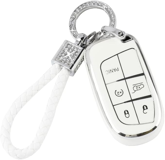 PIFOOG White Key Fob Cover for Jeep Grand Cherokee Compass Renegade Accessories TPU Soft Car Keys Case Shell Protector Bling Keychain 5 Buttons Girly Women Cute
