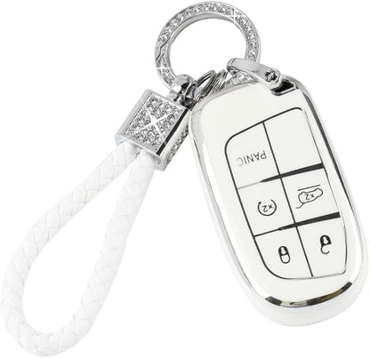 PIFOOG White Key Fob Cover for Jeep Grand Cherokee Compass Renegade Accessories TPU Soft Car Keys Case Shell Protector Bling Keychain 5 Buttons Girly Women Cute