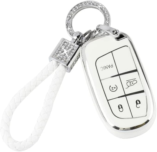 PIFOOG White Key Fob Cover for Jeep Grand Cherokee Compass Renegade Accessories TPU Soft Car Keys Case Shell Protector Bling Keychain 5 Buttons Girly Women Cute