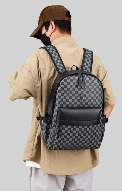 Retro men's business plaid backpack can hold a 15.6-inch laptop, women's stylish travel waterproof leather backpack. (brown-17.3-inch)