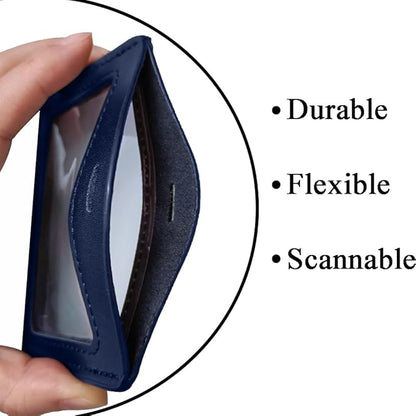 Larpur Pack of 2 ID Badge Holders, Horizontal Leather Card Case with Clear ID Window, Blue - Double Sided Clear, Work Badge Holder for Students, Teachers, Employees