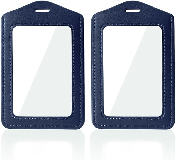 Larpur Vertical Badge Holders, PU Leather ID Card Cases with Double-Sided Clear Window, Pack of 2 Blue ID Holders for Work, School, Exhibition, Office