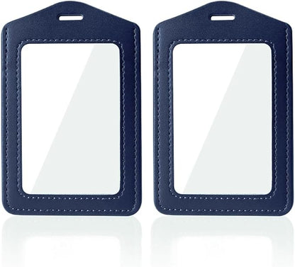 Larpur Vertical Badge Holders, PU Leather ID Card Cases with Double-Sided Clear Window, Pack of 2 Blue ID Holders for Work, School, Exhibition, Office