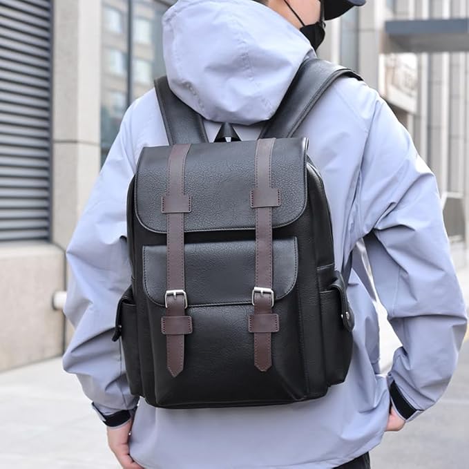 Retro men's business plaid backpack can hold a 15.6-inch laptop, women's stylish travel waterproof leather backpack. (black-15.7inch)