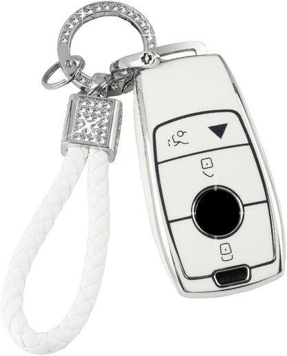 PIFOOG White Key Fob Cover for Mercedes Benz GLC GLE GLA GLB GLS A C E G S AMG Class Accessories Soft TPU Car Smart Keys Case Bling Keychain Full Protection Girly Women