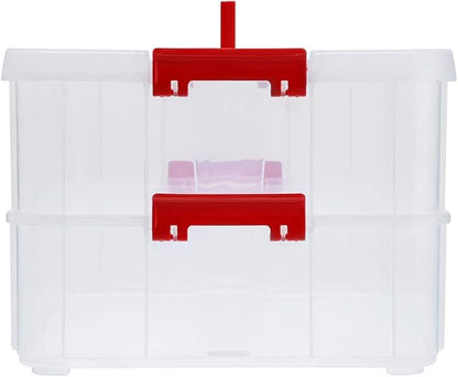 BTSKY 2 Layer Stack & Carry Box, Plastic Multipurpose Portable Storage Container Box Handled Organizer Storage Box for Organizing Stationery, Sewing, Art Craft, Jewelry and Beauty Supplies(Red)