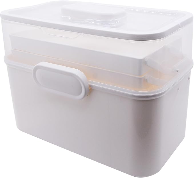 Portable Clear Medicine Box Empty, Family First Aid Dispenser/Art & Crafts Case/Folding Tool Organizer/Multipurpose Storage Container 3-Layers Storage Bin for Family Emergency (White)
