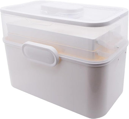 Portable Clear Medicine Box Empty, Family First Aid Dispenser/Art & Crafts Case/Folding Tool Organizer/Multipurpose Storage Container 3-Layers Storage Bin for Family Emergency (White)