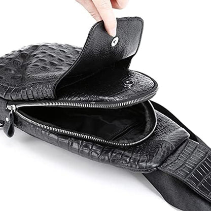 Hebetag Crocodile Genuine Leather Sling Bag Backpack for Men Travel Outdoor Hunting Hiking Camping Crossbody Shoulder Chest Pack Daypack Black