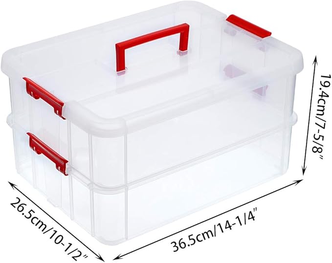 BTSKY 2 Layer Stack & Carry Box, Plastic Multipurpose Portable Storage Container Box Handled Organizer Storage Box for Organizing Stationery, Sewing, Art Craft, Jewelry and Beauty Supplies(Red)