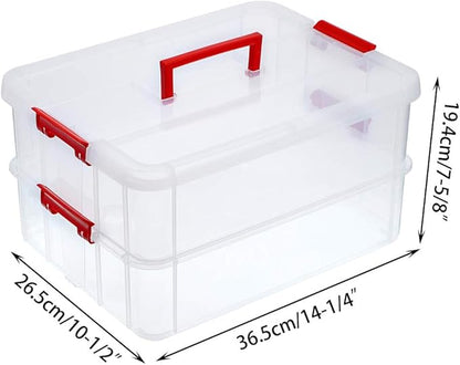BTSKY 2 Layer Stack & Carry Box, Plastic Multipurpose Portable Storage Container Box Handled Organizer Storage Box for Organizing Stationery, Sewing, Art Craft, Jewelry and Beauty Supplies(Red)
