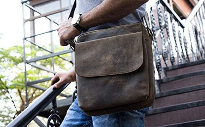 Leather crossbody bag messenger satchel tablet bag 11 inch for men and women