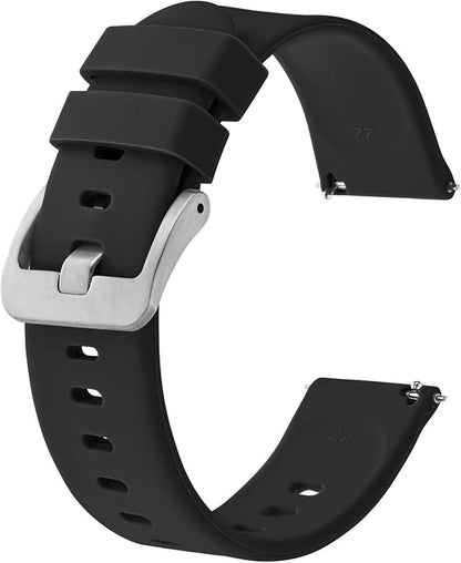 BISONSTRAP Silicone Watch Bands, Slim Watch Straps with Quick Release, 16mm, Black with Silver Buckle