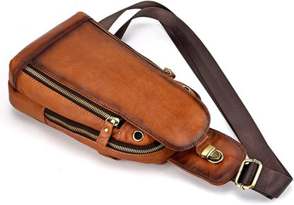 Leather Sling Bag Crossbody Backpack for Men Women Outdoor Travel Camping Hiking Shoulder Chest Day Pouch Casual Vintage Sling Daypack Yellow Brown