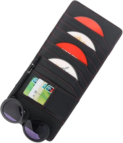 CD Case Holder for Car Sun Visor, Visor DVD Storage Organizer with Sunglasses Clip, Pen Holder & Card Slot, Multifunctional Automotive Disc Storage Pocket, Universal for SUV RV Truck (Black)