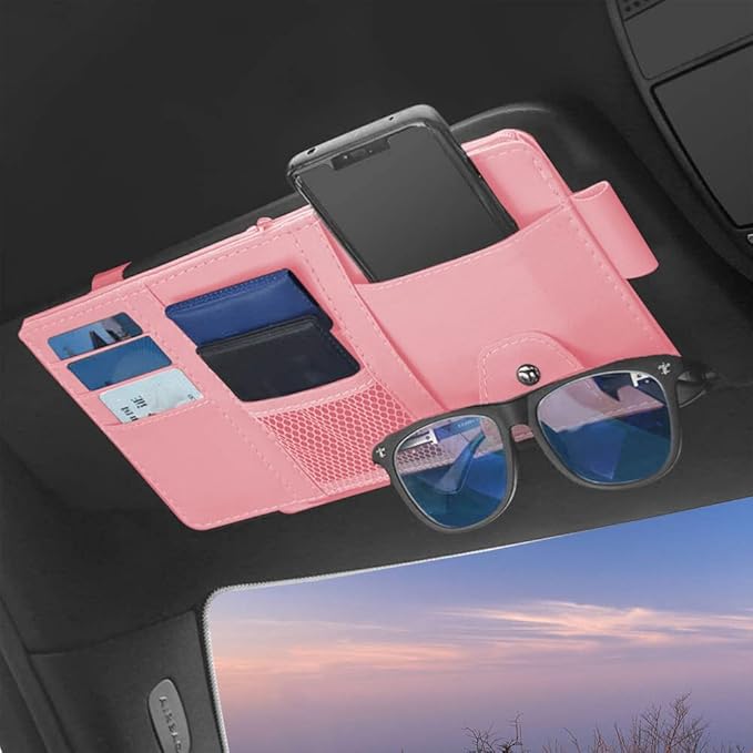 Car Sun Visor Organizer, 1 Pack Sunglasses Holder for Car Sun Visor, Auto Interior Accessories Pocket Organizers Can Store Sunglasses, Documents, Cards, Pen, Drivers License (Pink)