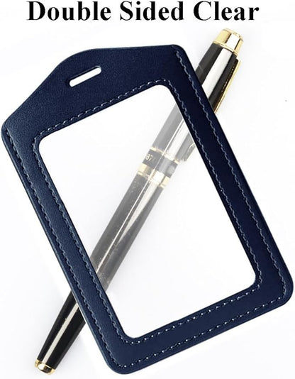 Larpur Vertical Badge Holders, PU Leather ID Card Cases with Double-Sided Clear Window, Pack of 2 Blue ID Holders for Work, School, Exhibition, Office