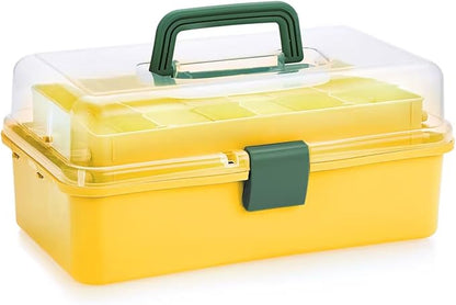 BTSKY 3-Layer Plastic Dividing Storage Box Craft Organizer with Adjustable Spacers Portable Handled Art Supply Organizer Multipurpose Home Utility Box for Sewing (Yellow+Green)