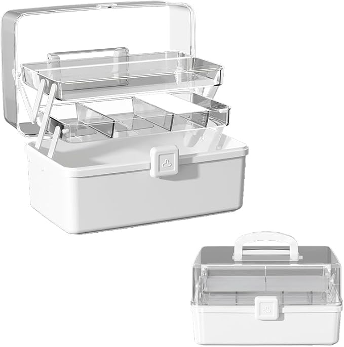 12.9in Three-Layer Multipurpose Storage Box with Handle Portable Tackle Box Folding Art & Craft Case Sewing Supplies Organizer for Makeup, Medicine, Nail, Hair Accessories (White)