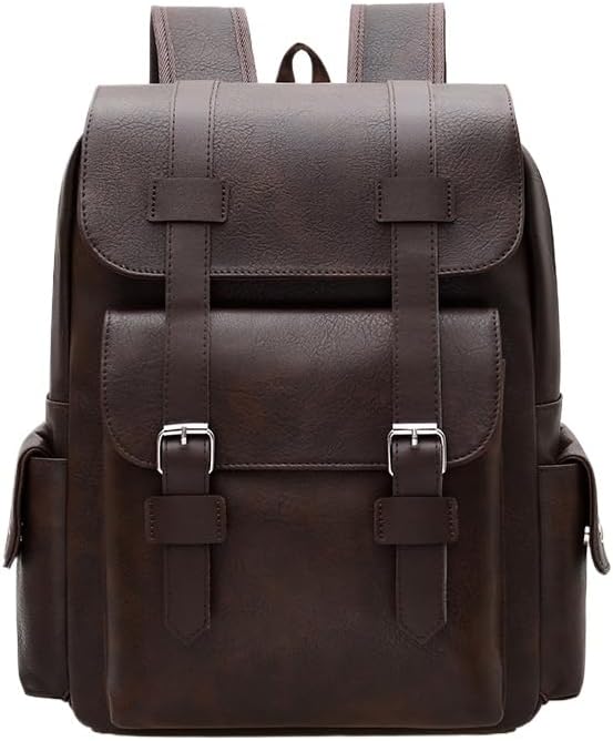 Retro men's business plaid backpack can hold a 15.6-inch laptop, women's stylish travel waterproof leather backpack. (brown-15.7inch)