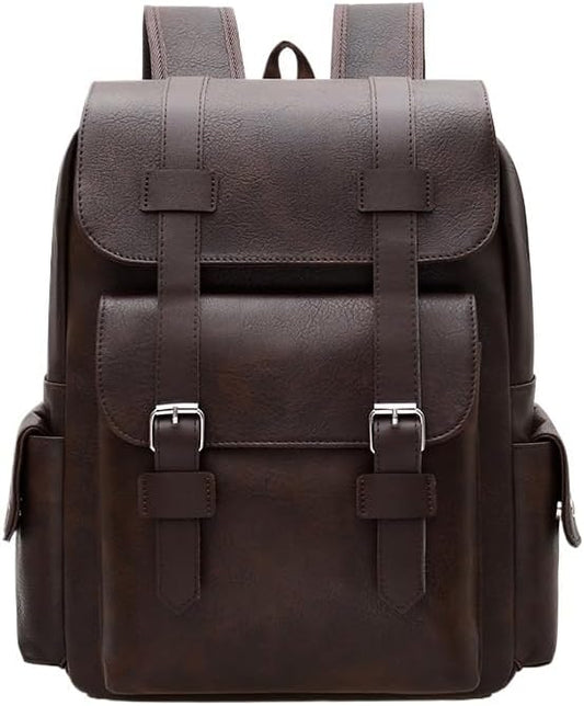 Retro men's business plaid backpack can hold a 15.6-inch laptop, women's stylish travel waterproof leather backpack. (brown-15.7inch)