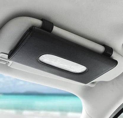 Black Car Tissue Refill Holder for Visor, Car Sun Visor Napkin Paper Storage Holder Box, Hanging Tissue Clip, PU Leather