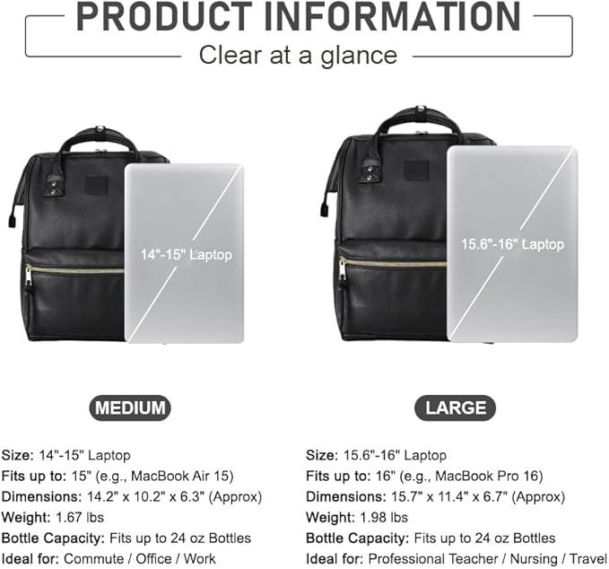 Kah&Kee Leather Laptop Backpack for Women, 14-15 Inch Professional Work Bag, Water-Resistant Vegan Leather Doctor Bag Backpack for Teacher, Nurse & Travel, Fits MacBook Air 15 (Black,Medium)