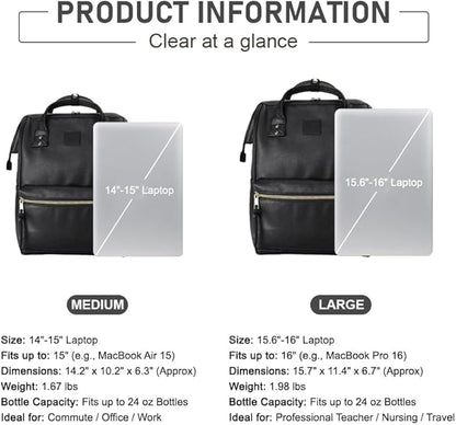 Kah&Kee Leather Laptop Backpack for Women, 14-15 Inch Professional Work Bag, Water-Resistant Vegan Leather Doctor Bag Backpack for Teacher, Nurse & Travel, Fits MacBook Air 15 (Black,Medium)
