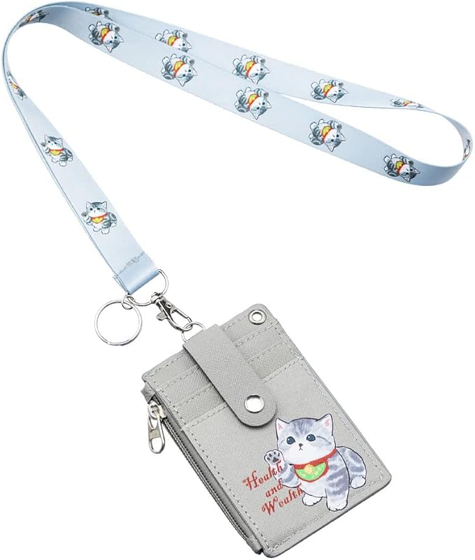HASFINE ID Badge Holder with Cute Cat Character Design PU Leather ID Card Wallet, 2-Sided 5 Card Slots, Zippered Pocket, Detachable Keychain Lanyard for Teachers, Students, Nurses, Office Staff